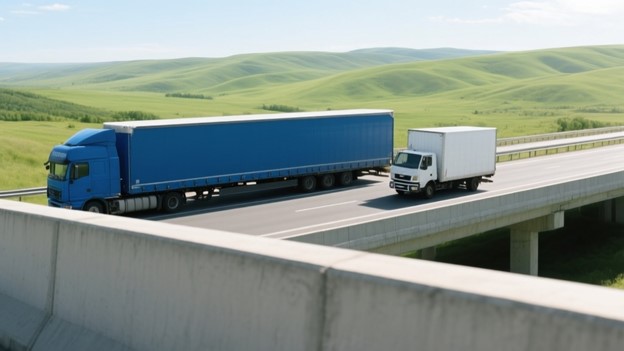 Автопоезд и одиночный фургон едут по соседним полосам на шоссе