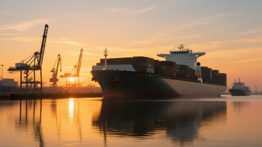 Современный контейнеровоз в порту на рассвете