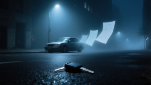 Ключ от автомобиля на мокром асфальте с призрачными очертаниями отсутствующих документов