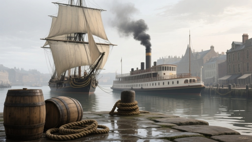 Парусник 19 века и колесный пароход в историческом порту