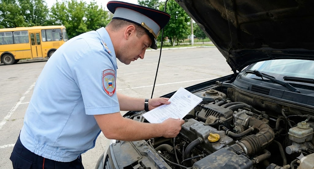 Инспектор ГИБДД сверяет VIN-номер автомобиля для восстановления документов