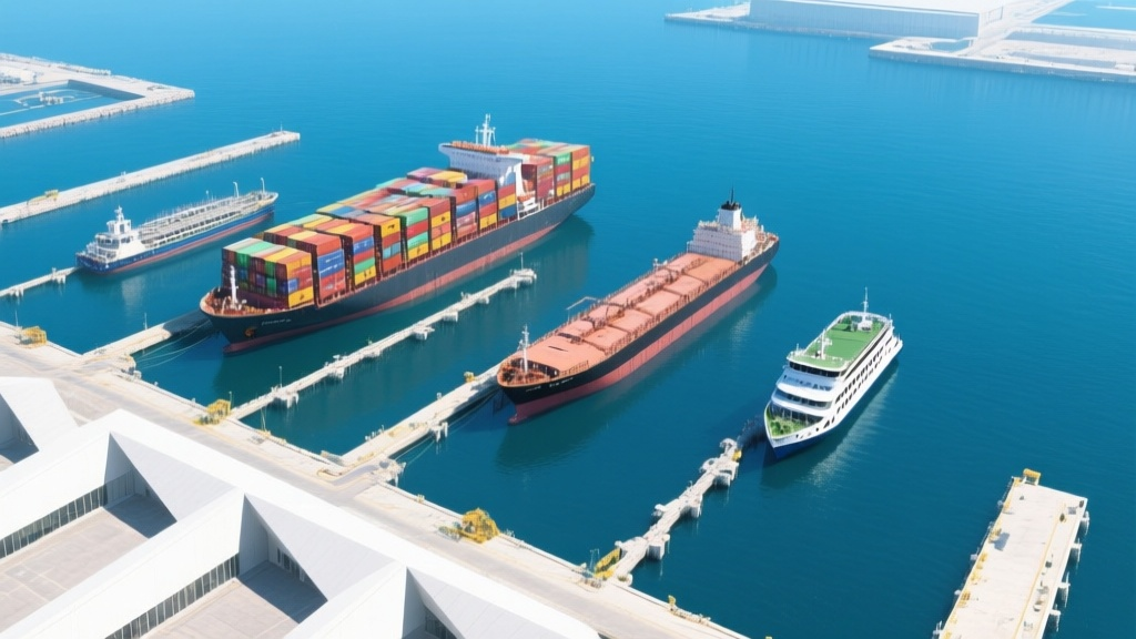 Различные типы судов, включая контейнеровоз и танкер, пришвартованные в порту