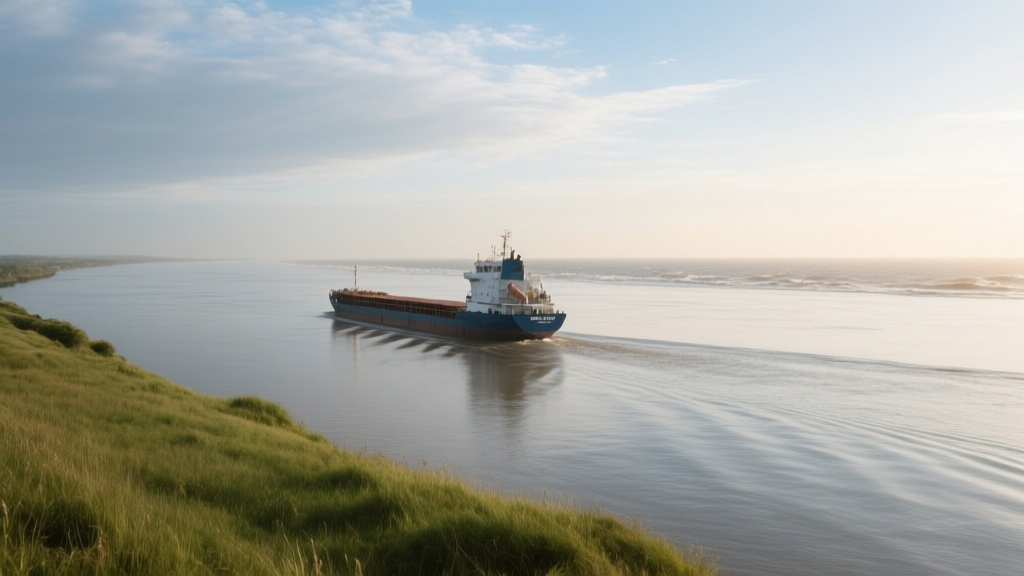 Грузовое судно класса "река-море" выходит из устья реки в открытое море