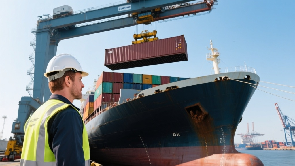 Портовый кран загружает контейнер на палубу контейнеровоза