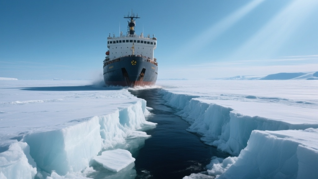 Атомный ледокол прокладывает путь сквозь толстые морские льды